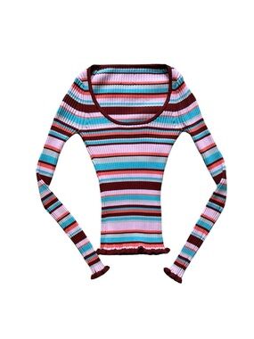Cinq a Sept Striped Scoop Neck Long Sleeve Top Estella Ribbed Knit Ruffle XS